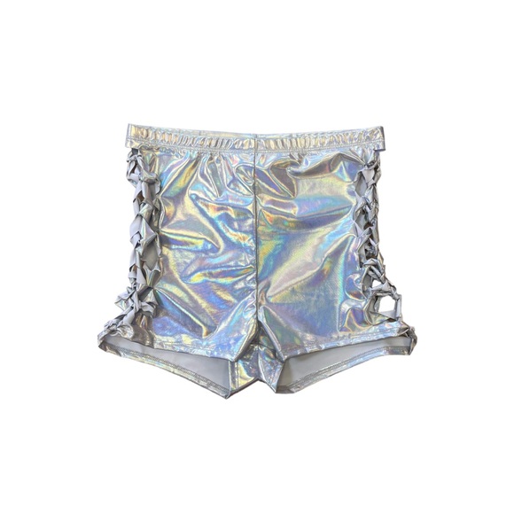Women's Metallic Silver Festival Rave Shorts - Picture 1 of 2